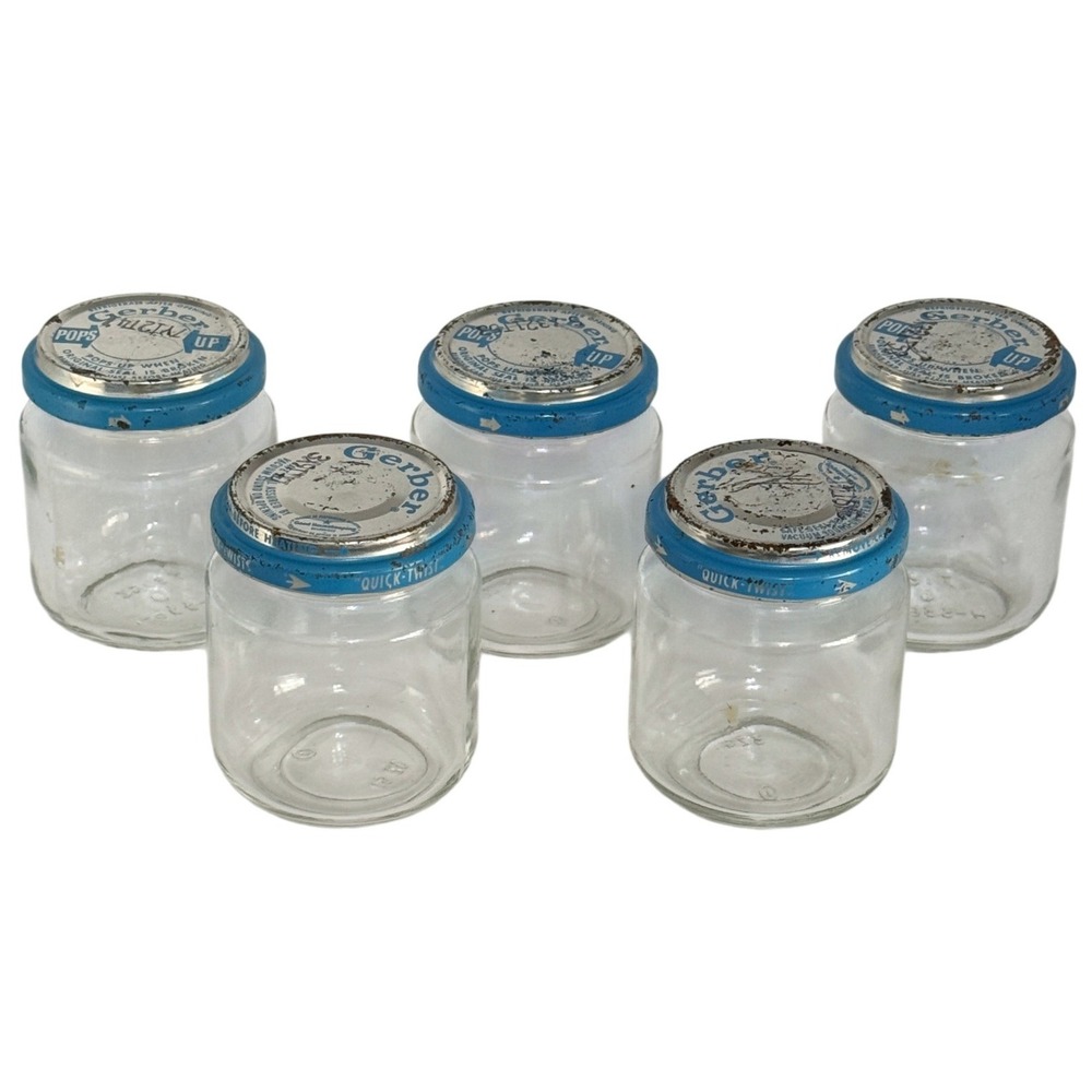 Vintage Gerber Baby Food Jars Quick Twist Lids Blue Silver Set of 5 Glass 2.75in
